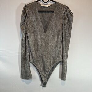 ASTR The Label Womens Long Sleeve Bodysuit Size L Silver Sparkly Deep Vneck Sexy
